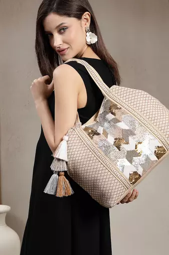 folklore edit beige cotton chevron embellished hobo bag
