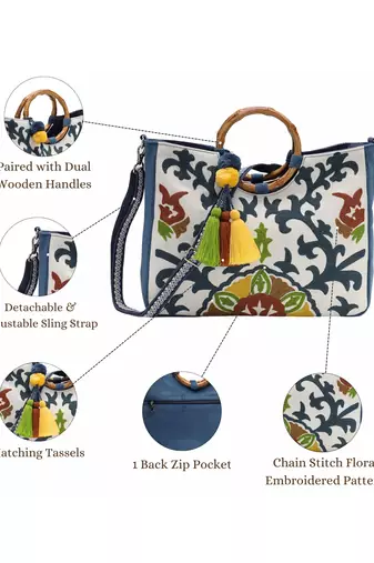 tribal sutra off white canvas floral embroidered handheld bag
