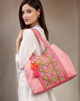 folklore edit flamingo pink cotton diamond beaded hobo bag 1