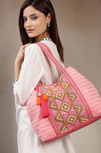 folklore edit flamingo pink cotton diamond beaded hobo bag