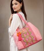 folklore edit flamingo pink cotton diamond beaded hobo bag