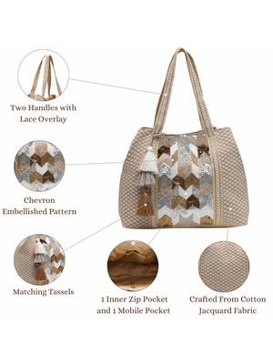 folklore edit beige cotton chevron embellished hobo bag 4