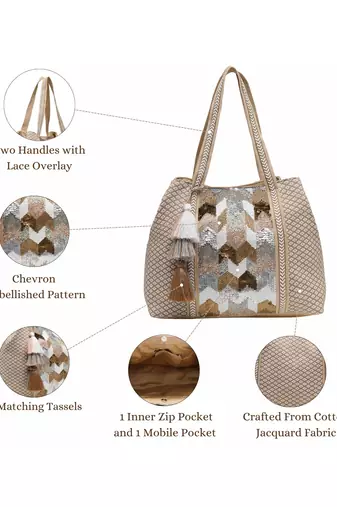 folklore edit beige cotton chevron embellished hobo bag