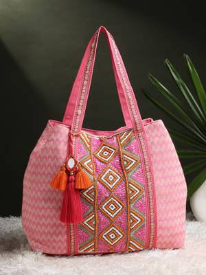 folklore edit flamingo pink cotton diamond beaded hobo bag 3