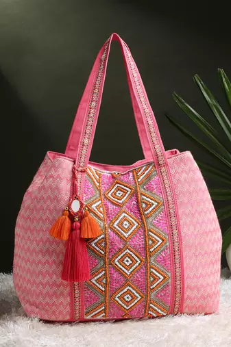 folklore edit flamingo pink cotton diamond beaded hobo bag