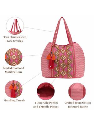 folklore edit flamingo pink cotton diamond beaded hobo bag 4