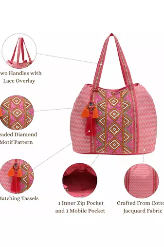 folklore edit flamingo pink cotton diamond beaded hobo bag