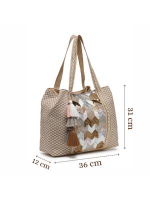 folklore edit beige cotton chevron embellished hobo bag 5