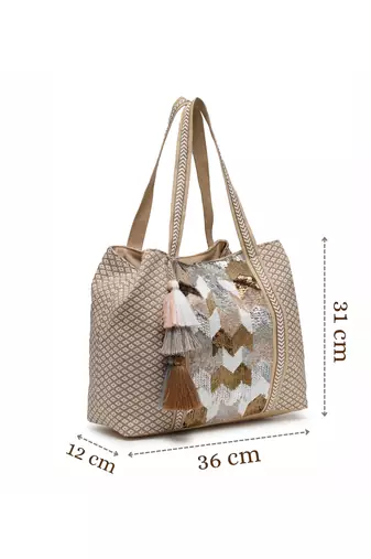 folklore edit beige cotton chevron embellished hobo bag