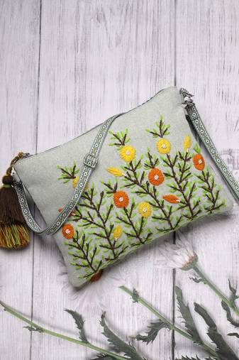 thread bloom pastel green cotton floral embroidered sling bag