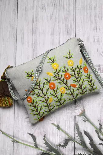 thread bloom pastel green cotton floral embroidered sling bag