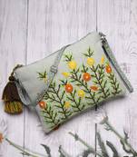 thread bloom pastel green cotton floral embroidered sling bag