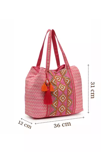 folklore edit flamingo pink cotton diamond beaded hobo bag