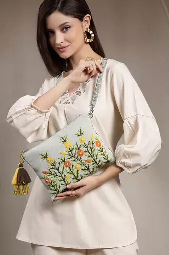 thread bloom pastel green cotton floral embroidered sling bag
