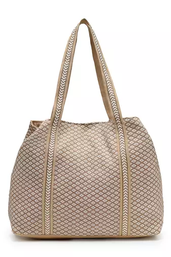 folklore edit beige cotton chevron embellished hobo bag