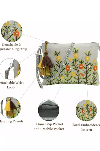thread bloom pastel green cotton floral embroidered sling bag