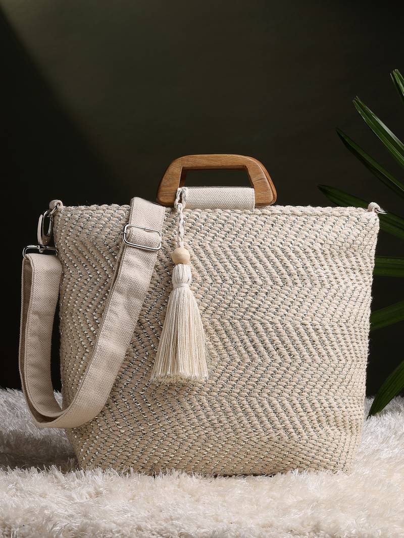 earth edit natural cotton chevron woven handheld bag