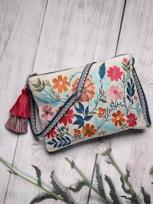 thread bloom off white canvas floral embroidered sling bag 1