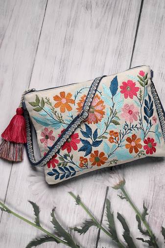 thread bloom off white canvas floral embroidered sling bag