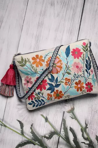 thread bloom off white canvas floral embroidered sling bag