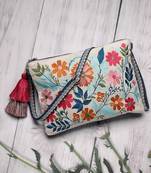 thread bloom off white canvas floral embroidered sling bag