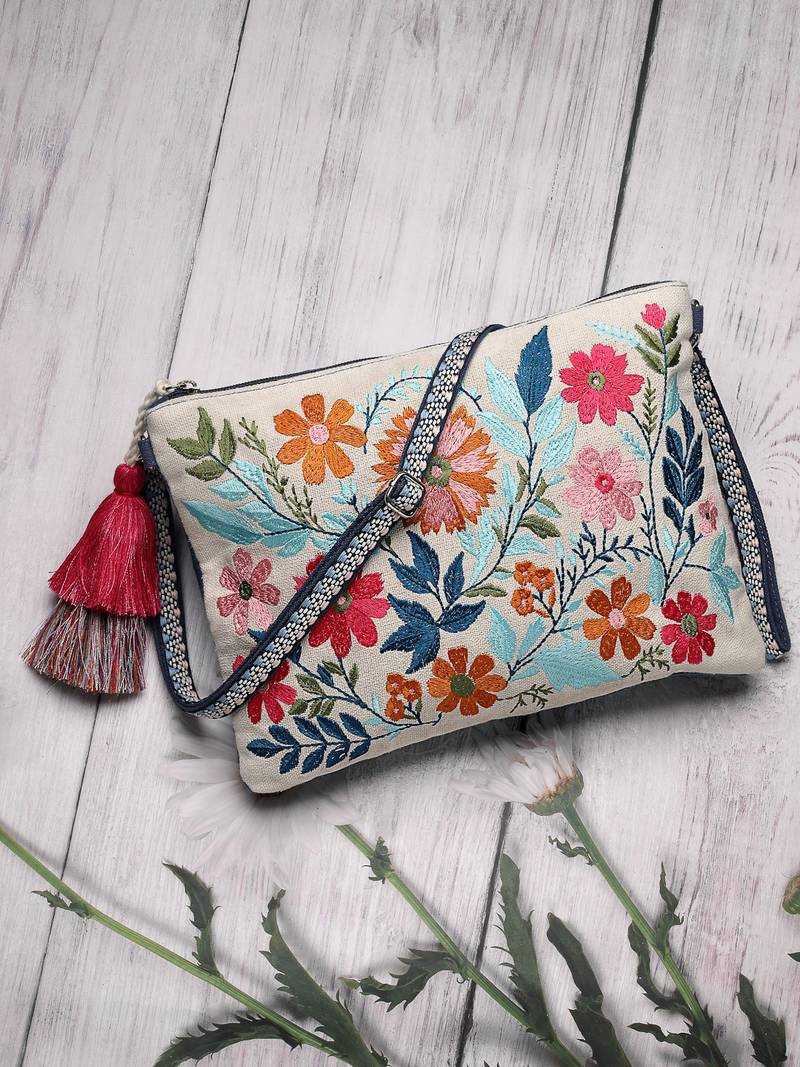 thread bloom off white canvas floral embroidered sling bag