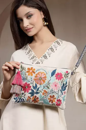 thread bloom off white canvas floral embroidered sling bag
