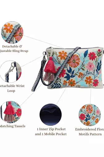 thread bloom off white canvas floral embroidered sling bag