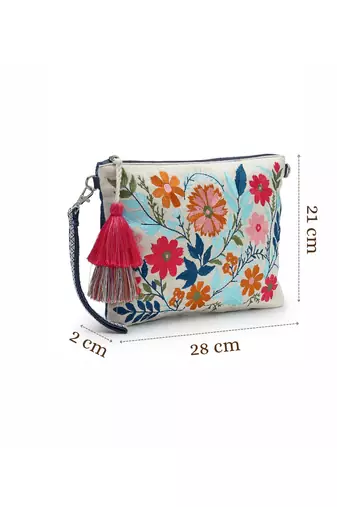 thread bloom off white canvas floral embroidered sling bag