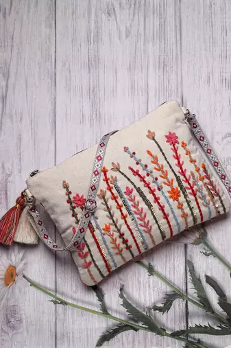 thread bloom natural cotton floral embroidered sling bag