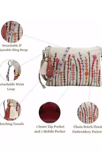 thread bloom natural cotton floral embroidered sling bag