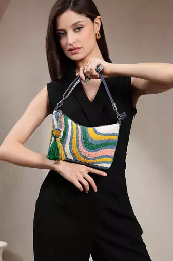 wave stitch blue canvas abstract beaded sling bag