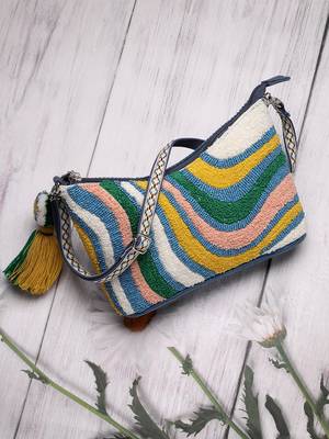 wave stitch blue canvas abstract beaded sling bag 3