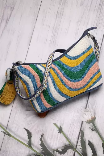 wave stitch blue canvas abstract beaded sling bag