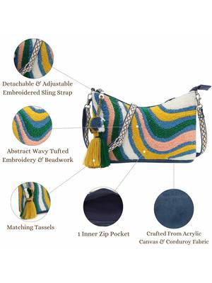 wave stitch blue canvas abstract beaded sling bag 4