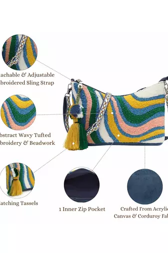 wave stitch blue canvas abstract beaded sling bag