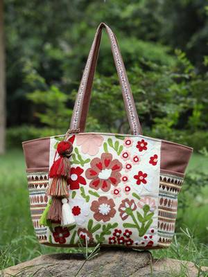 thread bloom coffee brown cotton floral embroidered tote bag 1