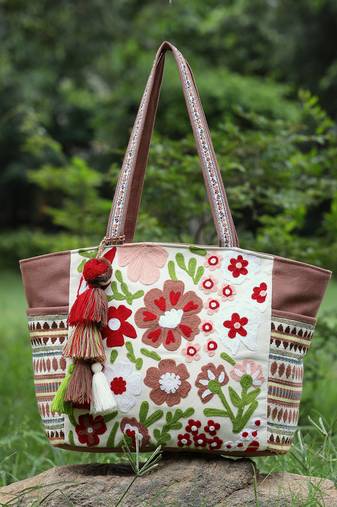thread bloom coffee brown cotton floral embroidered tote bag