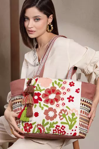 thread bloom coffee brown cotton floral embroidered tote bag