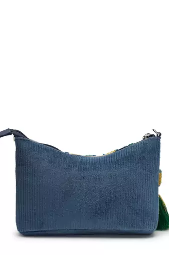 wave stitch blue canvas abstract beaded sling bag