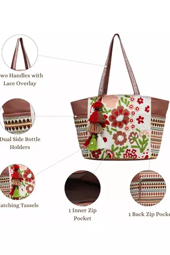 thread bloom coffee brown cotton floral embroidered tote bag