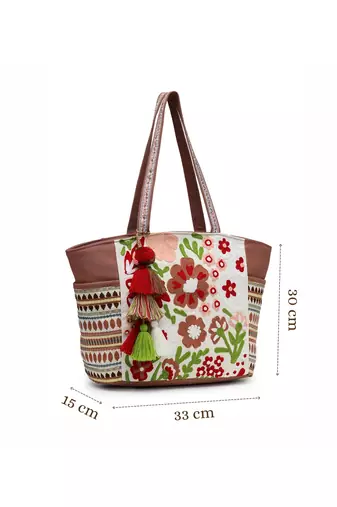 thread bloom coffee brown cotton floral embroidered tote bag