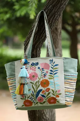 thread bloom sage green cotton floral embroidered tote bag