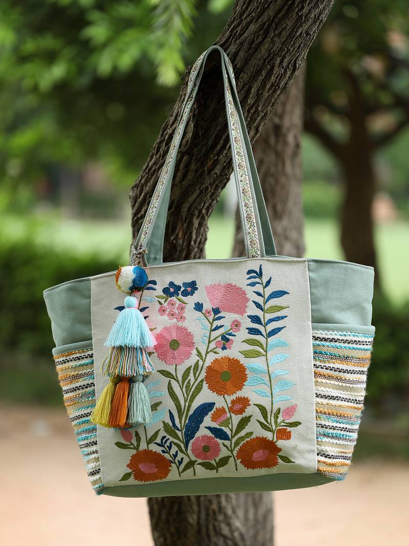 thread bloom sage green cotton floral embroidered tote bag