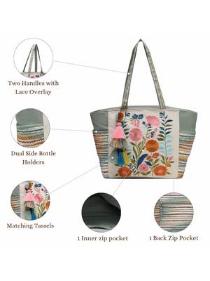 thread bloom sage green cotton floral embroidered tote bag 4