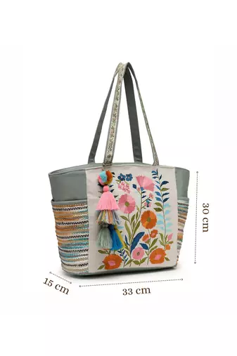 thread bloom sage green cotton floral embroidered tote bag