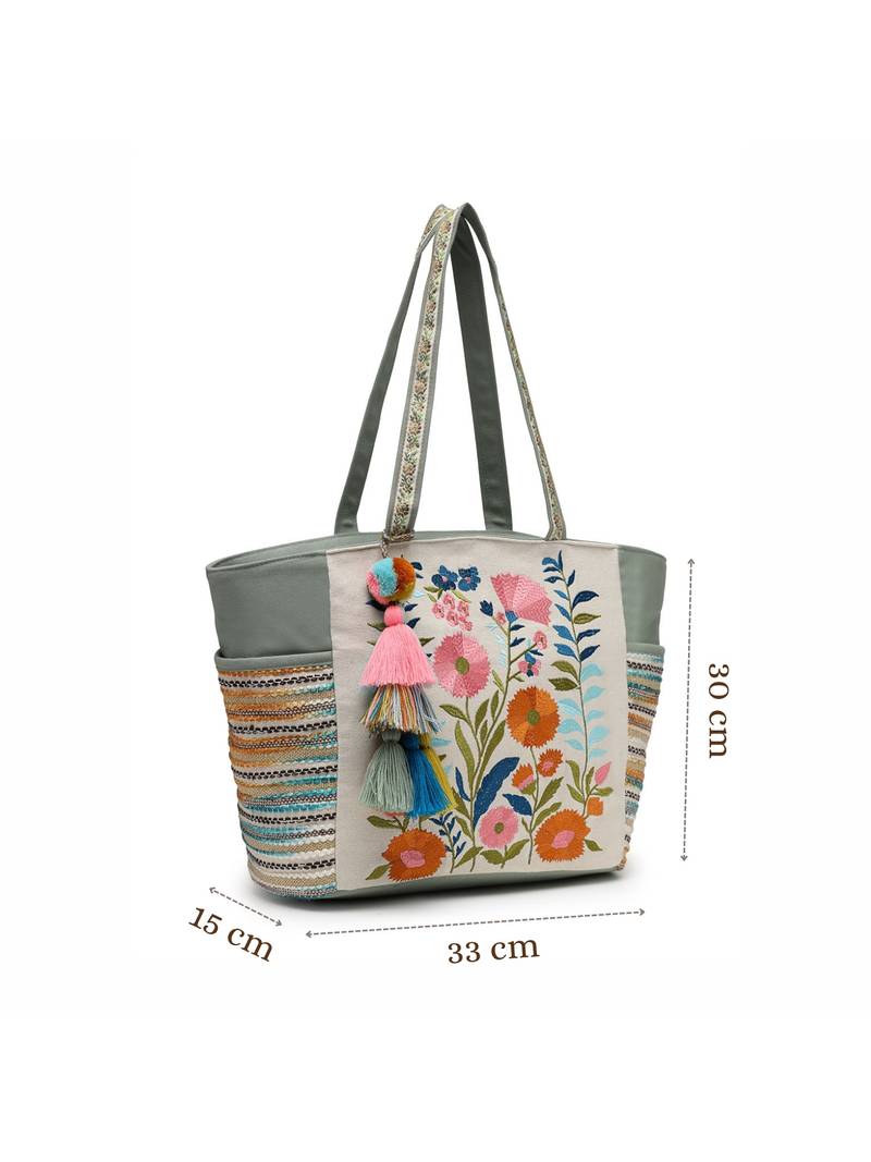 thread bloom sage green cotton floral embroidered tote bag