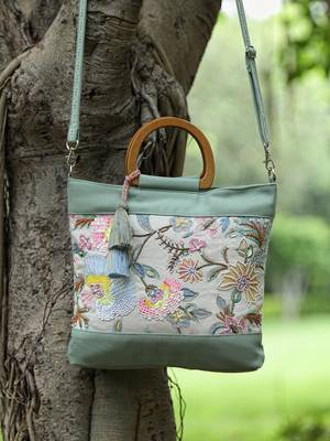 petal posh sage green cotton botanical embellished handheld bag 1