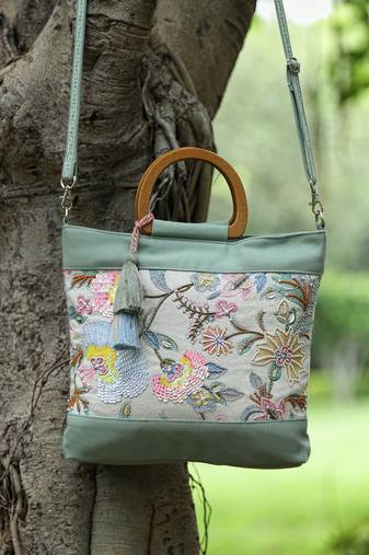 petal posh sage green cotton botanical embellished handheld bag