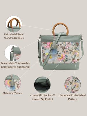 petal posh sage green cotton botanical embellished handheld bag 4